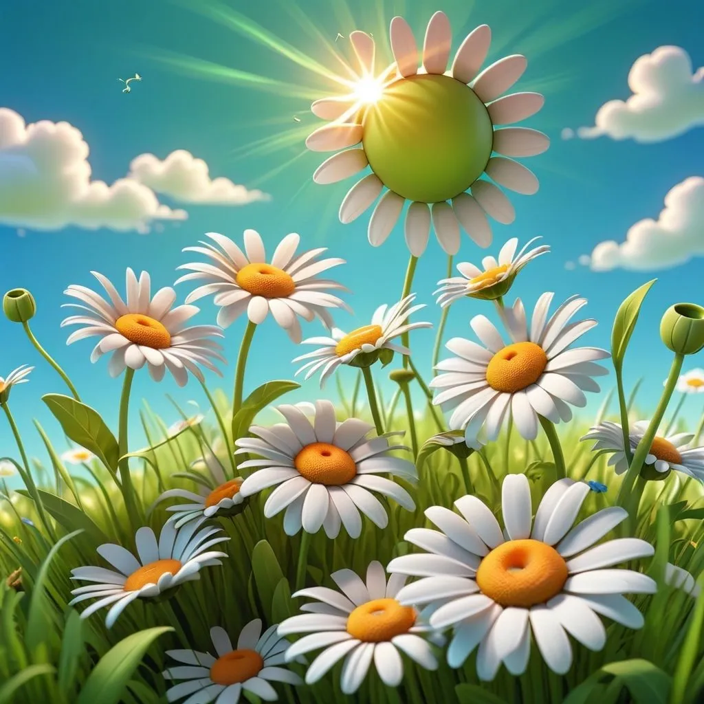 Prompt: a cute 3d cartoon image of a nice green summer meadow with daisies. fantasy art, high quality, detailed flowers, bright sun, blue sky, fluffy white clouds, atmospheric light.