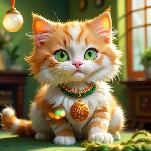 Prompt: cute kitten in the living room, ginger and white fur, silk collar with round golden pendant, hunting ball of bright yarn, fantasy illustration, detailed green eyes, high quality, fantasy, baby cat, vibrant colors, cute, digital painting, atmospheric lighting