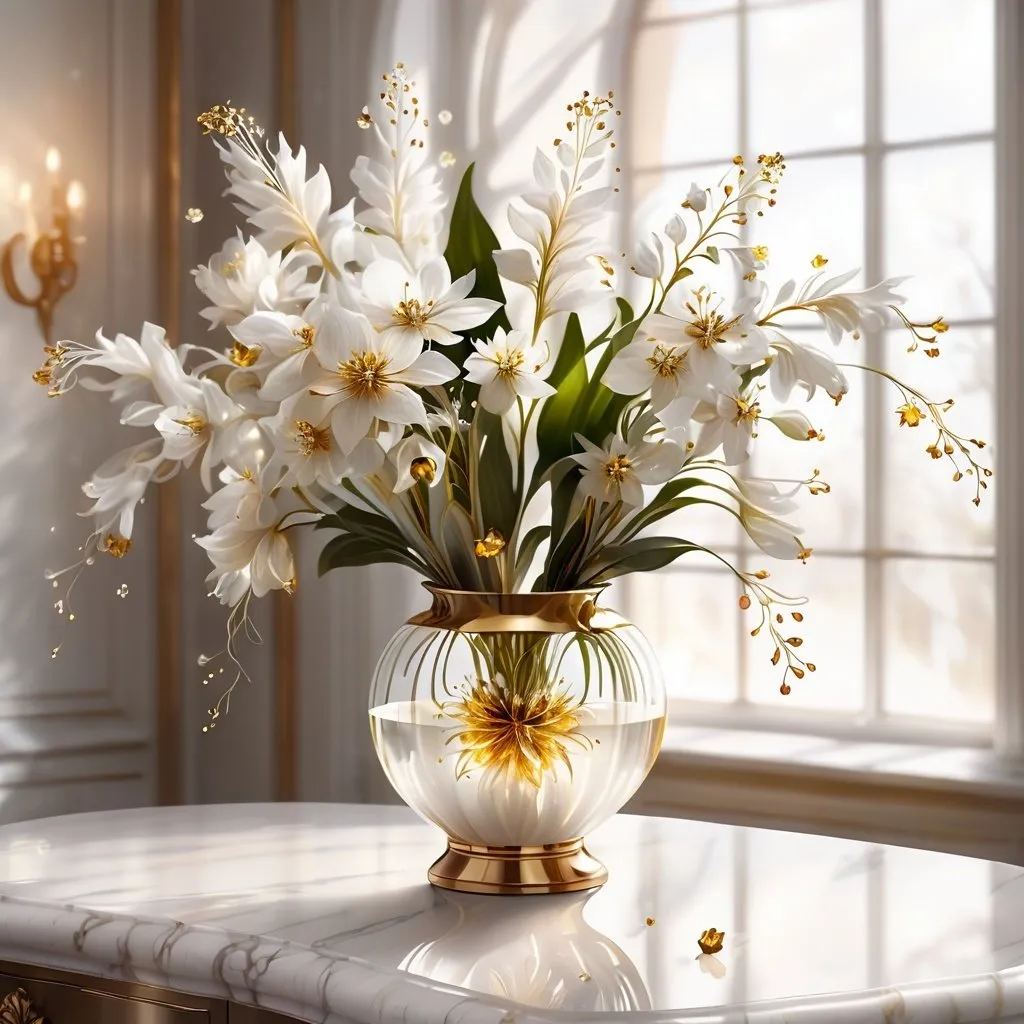 Prompt: A bouquet of detailed ethereal white and gold fantasy flowers in a beautiful transparent crystal vase, standing on a white marble table, golden petals on the table, white clean wall in background, fireflies, luminance, atmospheric scene, high quality