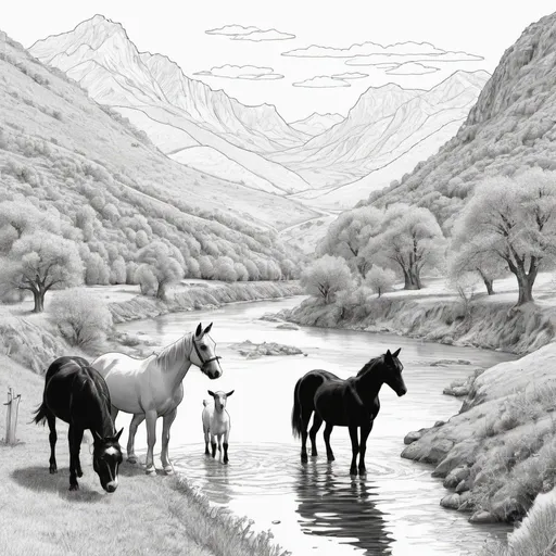 Prompt: Image for colouring book, black and white, all surfaces emptyes, horses, goats, dogs, mountains,a river, people