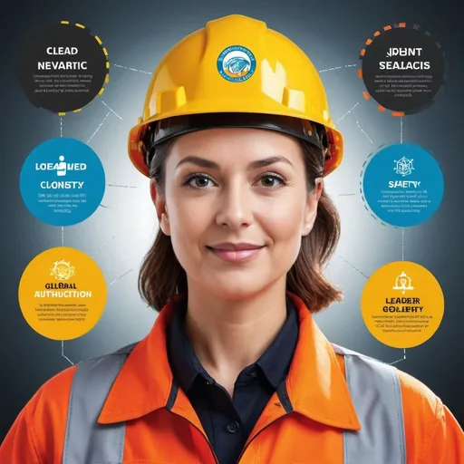 Prompt: Leadership poster for Global Safety Day, bold and impactful design, professional illustration, high quality, detailed and strong depiction, confident and authoritative figure, inspiring and empowering, global safety theme, vibrant and dynamic colors, clean and clear lighting, impactful message, leader in a safety helmet, industrial or corporate setting, motivational vibes, detailed facial features, high-res, professional, impactful, leadership, global safety, dynamic colors, vibrant, clean lighting