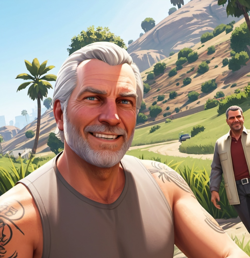 Prompt: GTA V cover art, attractive 60 year old man with white hair and stubble beard, confident, charming smile.