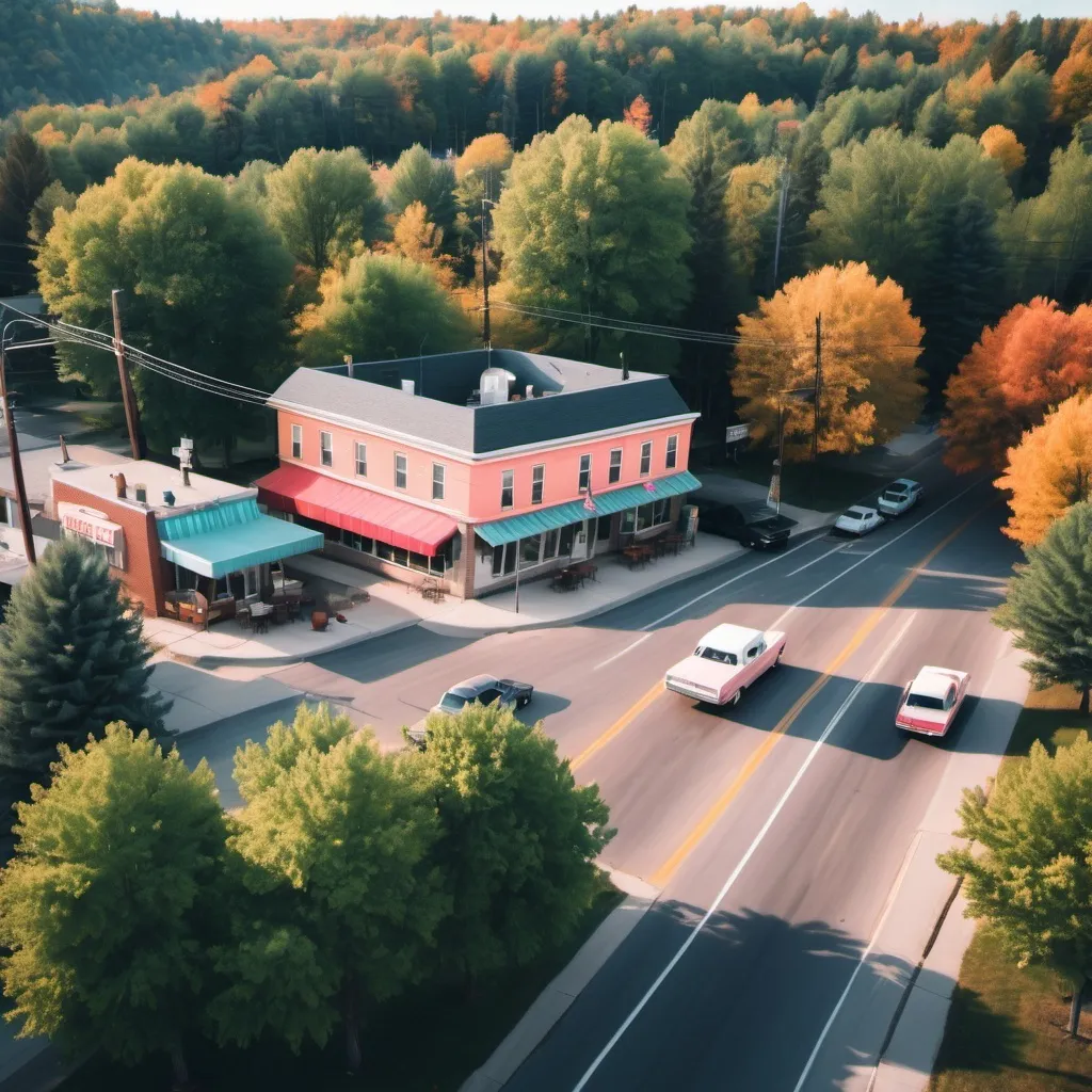 Prompt: a cute small town with lots of trees and a local diner 