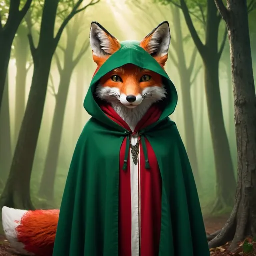 Prompt: A fox wearing a cloak with the Palestinian flag pattern, with blood stains around it mouths,  cunning expression face just like fox in Little Red Riding Hood story
