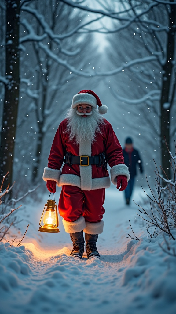 Prompt:  hyper realistic Santa carrying a glowing lantern through a snowy forest, lighting the way for a lost traveler.