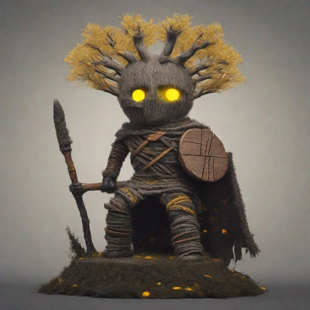 Prompt: a warrior made from wool with a tree stump for head and glowing yellow eyes 