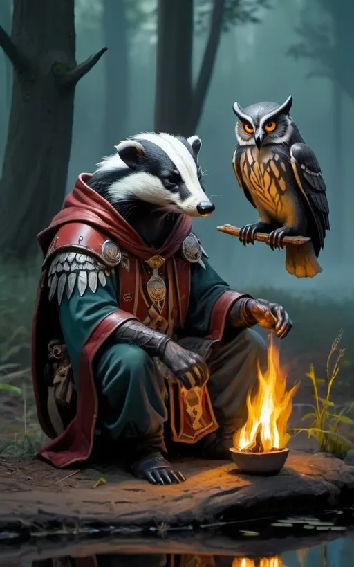 Prompt: humanoid  badger spirit warrior priest  weary, evening, preparing for tomorrow's existential battle against evil in a twilight forest clearing with a small fire, next to a pond, with a spirit owl mentor companion