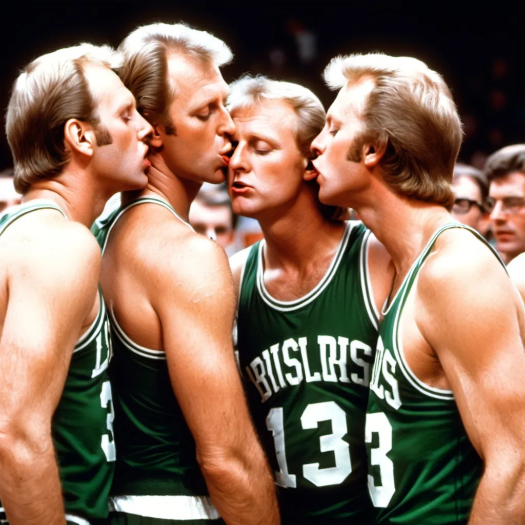 Prompt: six larry birds all kissing eachother in a six way kiss




