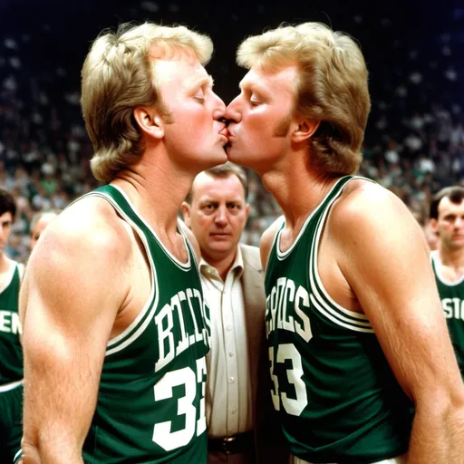 Prompt: Larry bird kissing another crossdressing larry bird clone




