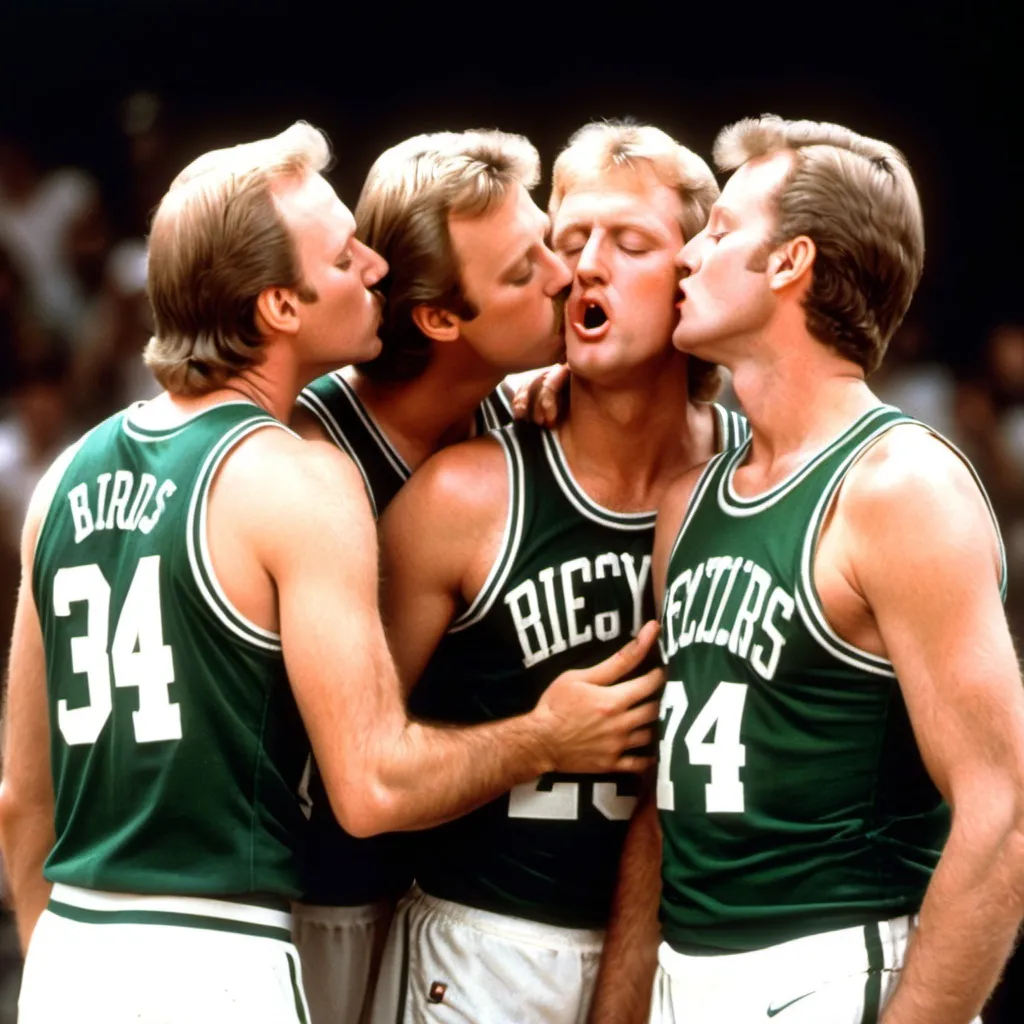 Prompt: Four larry birds all kissing eachother in a four way kiss




