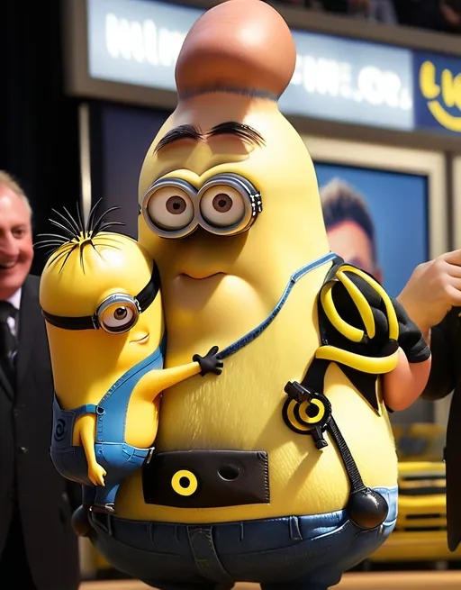 Prompt: Larry bird picking up and kissing a minion(gru)


