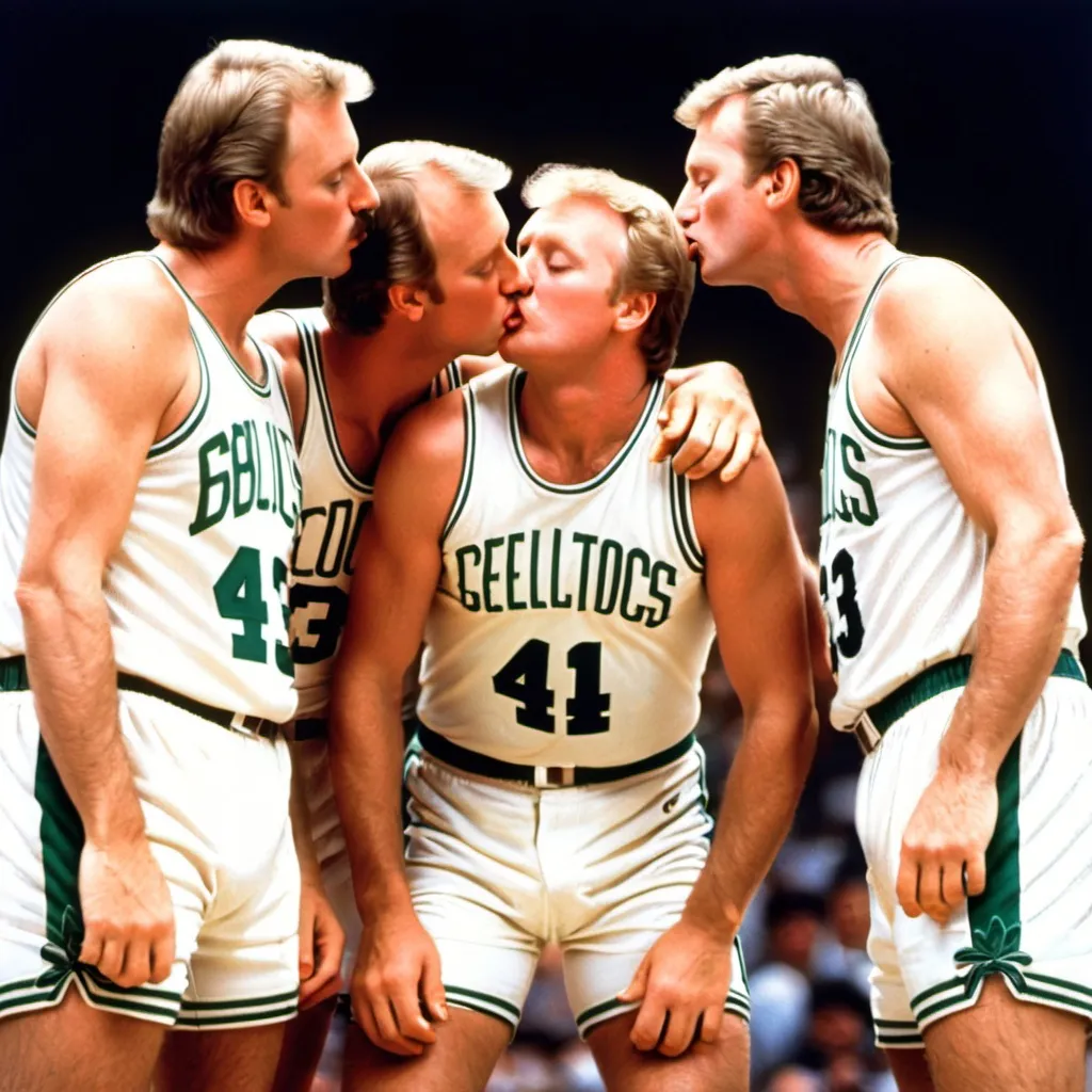 Prompt: Four larry birds all kissing eachother in a four way kiss




