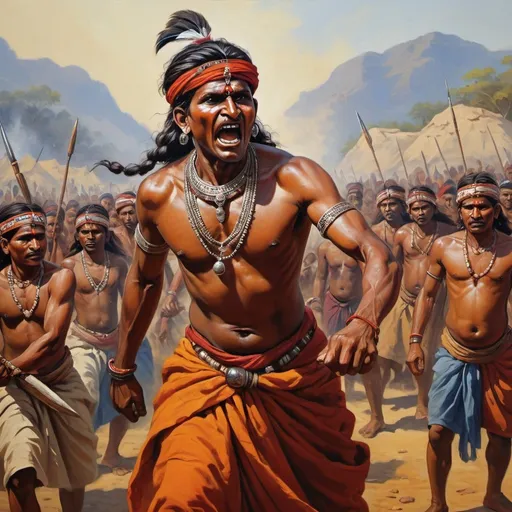 Prompt: Birsa Munda leading tribal uprising, historical painting, vibrant colors, intense expressions, traditional attire, detailed backgrounds, high quality, oil painting, historical, vibrant colors, intense expressions, tribal uprising, detailed attire, professional lighting