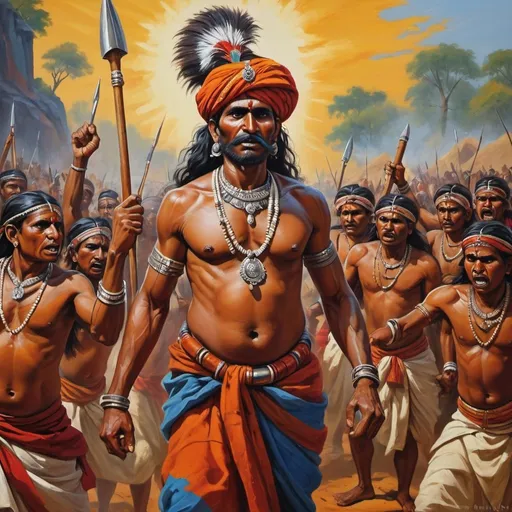 Prompt: Birsa Munda leading tribal uprising, historical painting, vibrant colors, intense expressions, traditional attire, detailed backgrounds, high quality, oil painting, historical, vibrant colors, intense expressions, tribal uprising, detailed attire, professional lighting