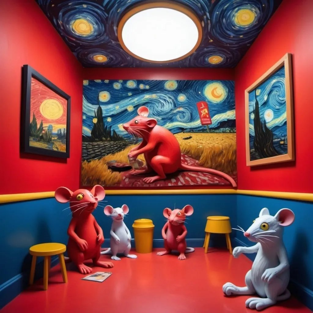 Prompt: Red Rubber room with rats cartoon crazy  and grimace the mascot from McDonalds in the style of psychological cartoon thriller starry night Van Gogh acid rubber walls