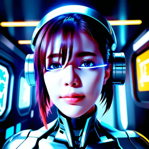 Prompt: (futuristic cyborg), sleek metallic body, neon blue eyes, navigating a bustling space station, highly detailed, anime style, vibrant colors, dynamic atmosphere, cool lighting, intricate background with glowing technology, bustling environment, ultra-detailed, cinematic scene, futuristic design, action-packed.