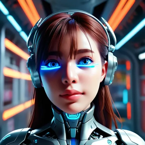 Prompt: (futuristic cyborg), sleek metallic body, neon blue eyes, navigating a bustling space station, highly detailed, anime style, vibrant colors, dynamic atmosphere, cool lighting, intricate background with glowing technology, bustling environment, ultra-detailed, cinematic scene, futuristic design, action-packed.