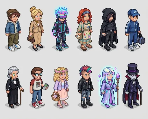 Prompt: Créer une collection de 12 avatars utilisateurs en pixel art isométrique rétro de jeu social hôtel virtuel. Chaque personnage doit garder le même style artistique global, mais varier par :
- coupe de cheveux
- vêtements
- couleurs
- accessoires
- personnalité visuelle
- expression faciale
- archétype social
Inclure des profils comme :
1. casual urbain
2. chic luxe
3. cyber néon
4. artiste bohème
5. mystérieux sombre
6. sportif
7. VIP élégant
8. gamer rétro
9. romantique
10. rebelle
11. crystal fantasy
12. nocturne premium
Contraintes :
- même angle isométrique
- même échelle
- même logique de shading
- silhouettes distinctes
- détails pixel propres
- style cohérent de jeu communautaire rétro haut de gamme
- fond transparent ou neutre