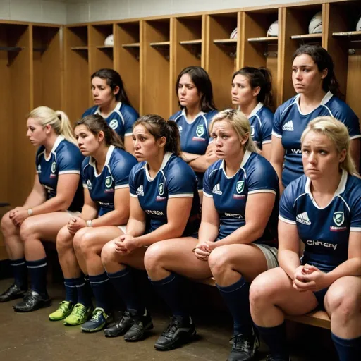 Prompt: A sad women's rugby team in the locker room