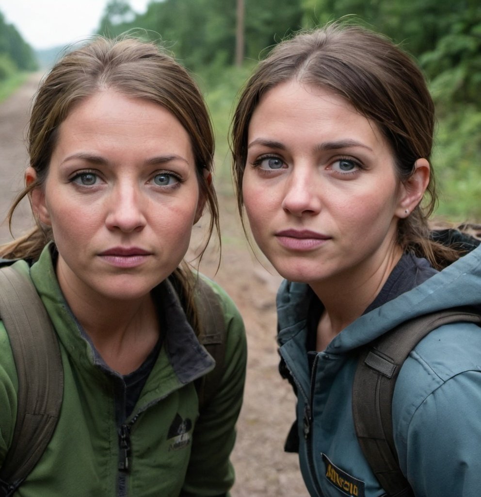 Prompt: Jen and Lucy. The sense of relief and uncertainty on their faces as they follow him to a hidden shelter, their eyes darting around for any sign of danger