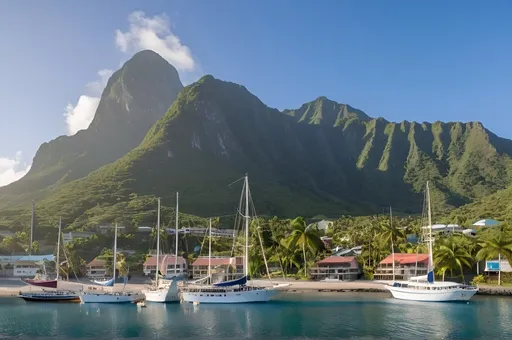 Prompt:  cove, tropical island, coastal town, mountains behind, sail ships moored on water