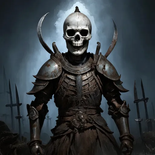 Prompt: A ghostly Bagan warrior haunts the battlefield, his pale and skeletal form a chilling sight. His armor, once shining and mighty, now hangs in rusted tatters from his bony frame. The empty eye sockets of his skull helmet stare out menacingly in the darkness, sending chills down your spine."