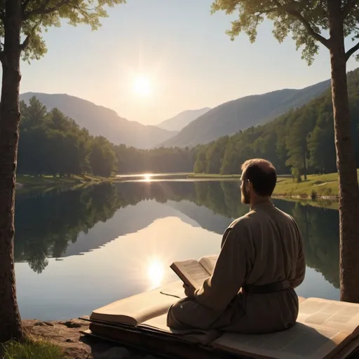 Prompt: Lectio Divina meditation on the bible early in the morning sun looking over a lake in a gif
