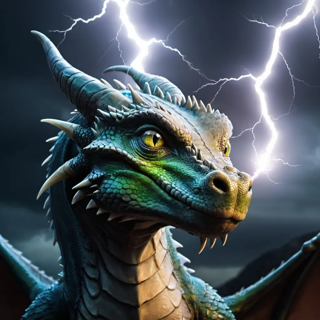 Prompt: Young dragon with no wings portrait breathing lightning 