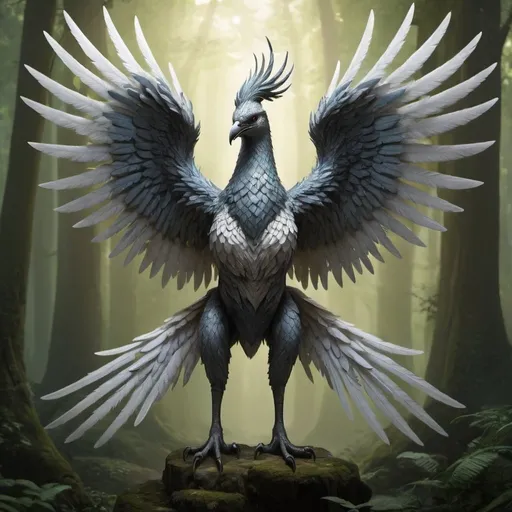 Prompt: a mythical bird-like creature that has four wings

wings on one side and two wings on the other, outstretched,