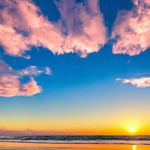 Prompt: ocean side beach sunset sky clouds waves water