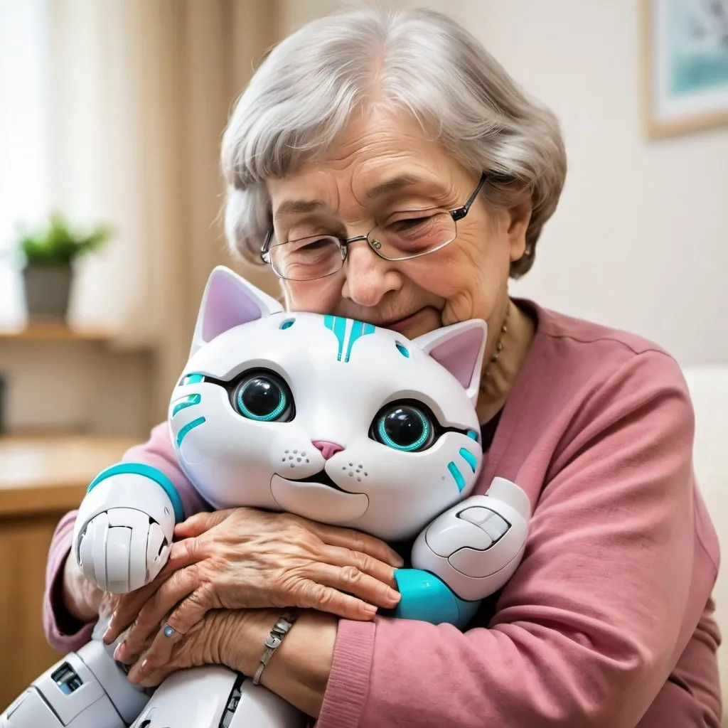 Prompt: A grandma hugging a soft robotic cat