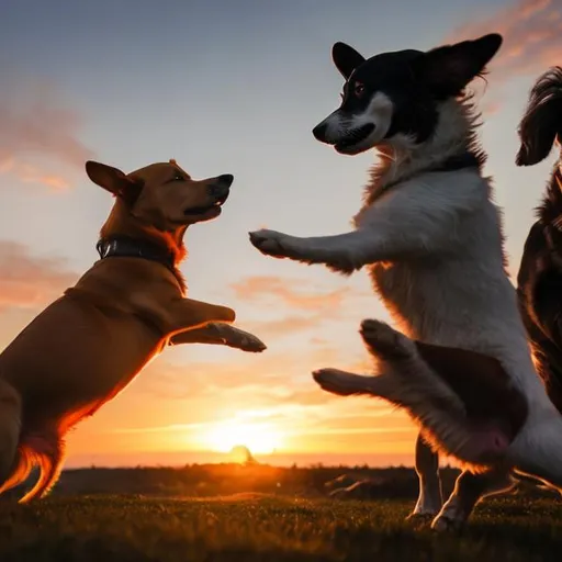 Prompt: Dogs playing with a sunset view