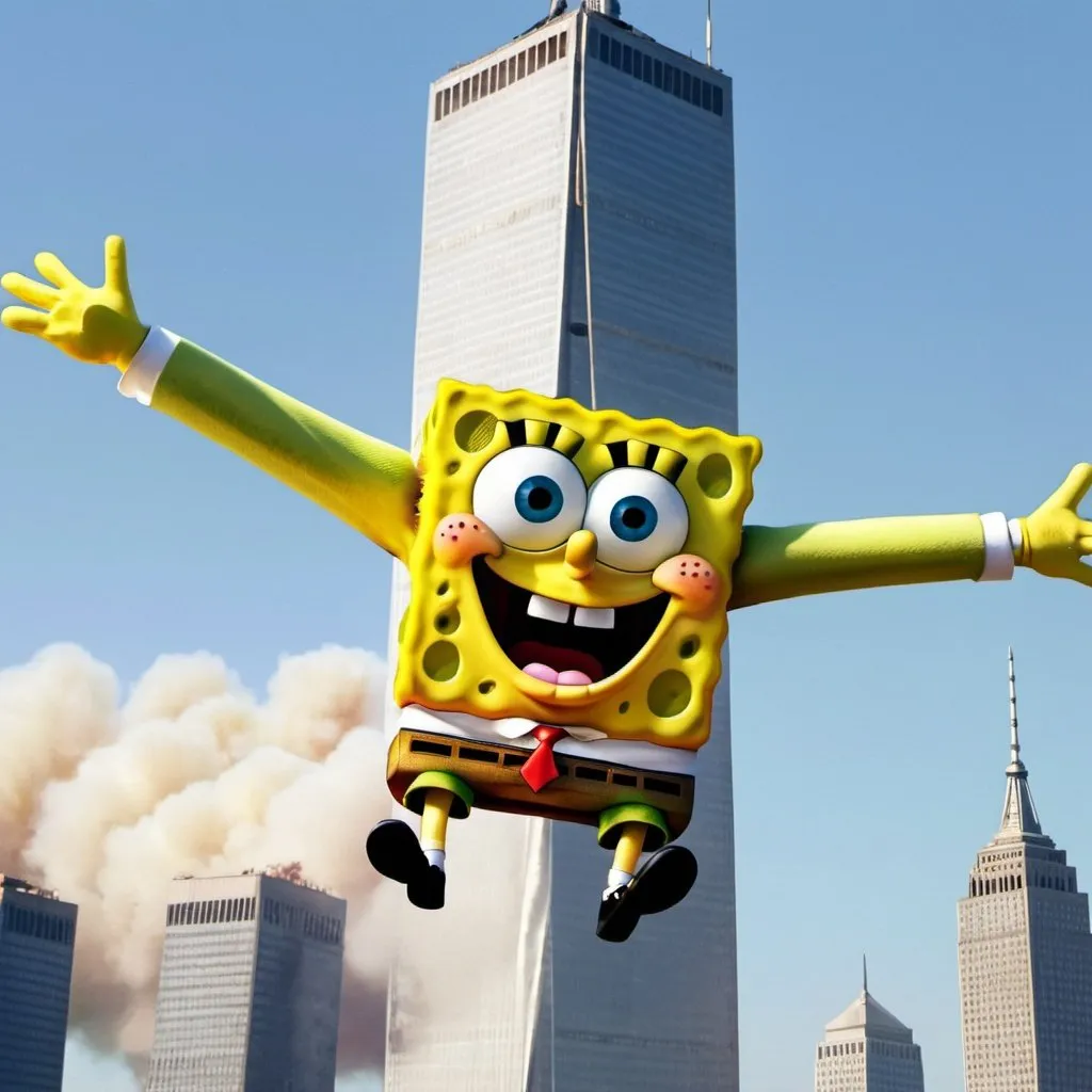 Prompt: spongebob crashing a plane into the twin towers