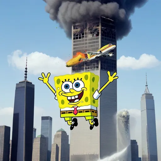 Prompt: spongebob crashing a plane into the twin towers