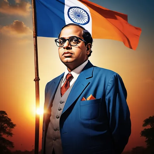 Prompt: A powerful and emotional cinematic poster of Dr Bhim rao Ambedkar, the iconic writer of constitution India's independence movement. He is standing tall in his traditional attire, wearing glasses and a shawl. The background is a dramatic blend of a sunset sky, the Indian flag, and silhouettes of protesters. The overall ambiance evokes a sense of historical significance, determination, and hope for a brighter future., poster, cinematic