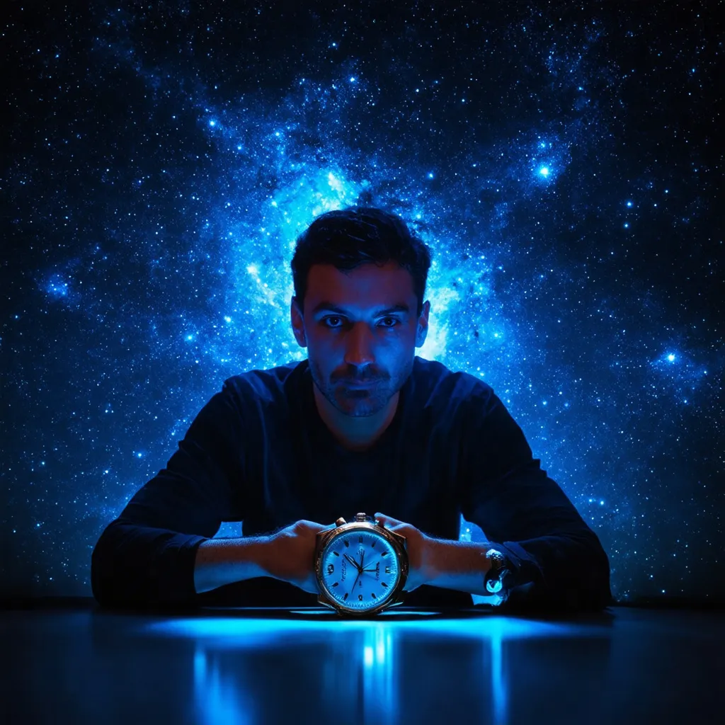 Prompt: Create a fluo man under the quasar light and nearby an old watch