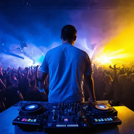 Prompt: "A hyper-realistic scene of a DJ standing with his back to the viewer, performing on a music console in front of a massive, energetic crowd. The DJ is surrounded by a vibrant, pulsating atmosphere with glowing buttons and dials on the console. The immense crowd is dancing enthusiastically under a sea of fluorescent lights, casting bright, colorful beams across the venue. The stage is illuminated with intense, dynamic lighting effects, highlighting the DJ's silhouette and creating a powerful visual impact. The scene is filled with energy, movement, and an electrifying atmosphere.