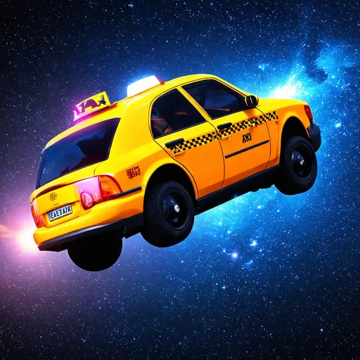 Prompt: Create a yellow fluo taxi flying in the universe under the quasar light