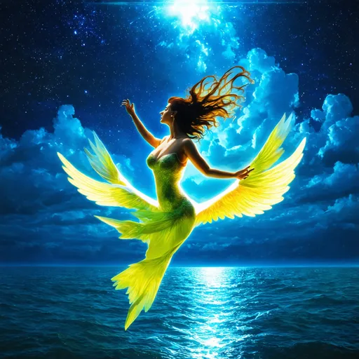 Prompt: Create a fluo mythological siren flying over the sea and enlighted under the quasar light