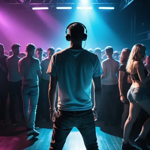 Prompt: Create a hyper-realistic image of a man from behind, surrounded by other dancing people. In the background, a DJ is performing on stage. The atmosphere is illuminated with blue fluorescent light, casting all the people in shadow