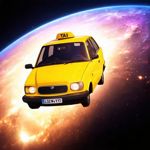 Prompt: Create a yellow fluo taxi flying in the universe under the quasar light