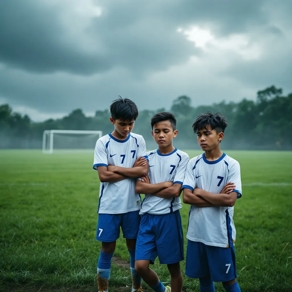 Prompt: A group of Malay boys in sports attire looking sad at the end of the field because their training is cancelled due to bad weather
