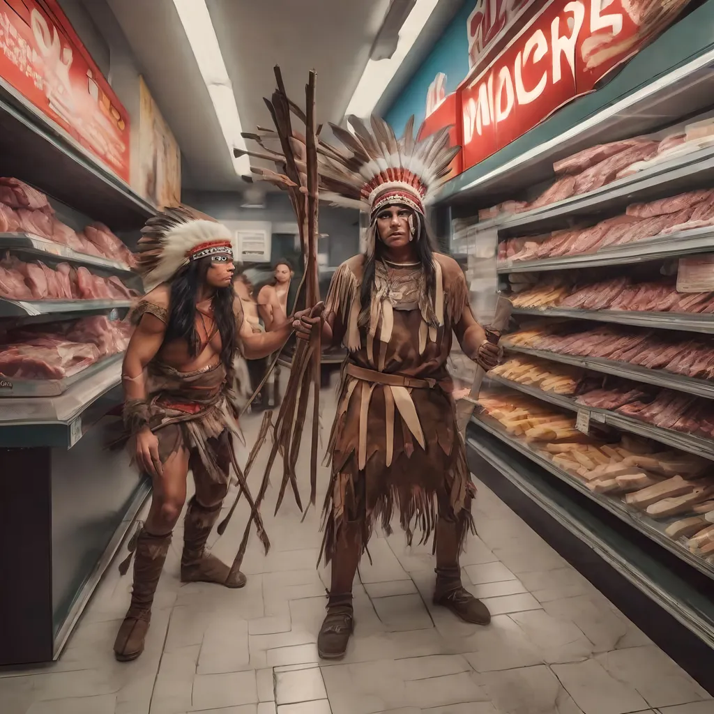 Prompt: Native Indians fighting medieval knights inside of a convenience store, with meat sticks, photo realistic, real picture