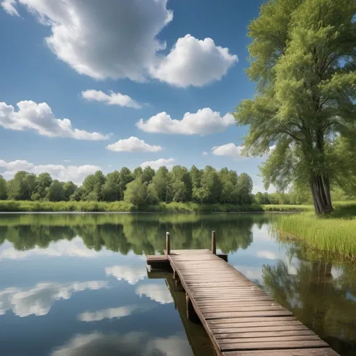 Prompt: A high-quality photograph that captures a peaceful and serene setting on the edge of a secluded lake. In the image, a small wooden pier stretches over the calm waters of the lake, perfectly reflecting the clear blue sky and fluffy white clouds. In the background, a line of lush trees creates a verdant horizon, while the soft rays of the morning sun gently illuminate the landscape, creating an atmosphere of peace and tranquility. The reflection of the trees and sky in the water creates a symmetrical and harmonious composition, conveying a feeling of balance and serenity. This image is perfect for decorating relaxing spaces such as living rooms, bedrooms or offices, providing a feeling of calm and connection with nature.
