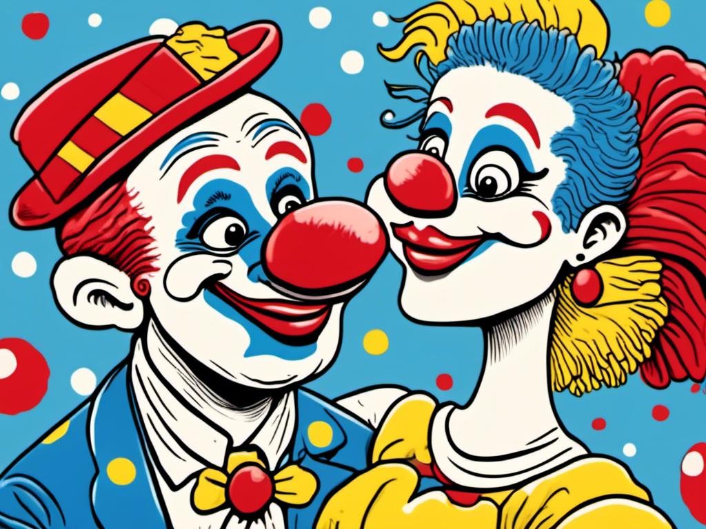 Prompt: A married couple of clowns hugging for a picture, she has blue mohawk and red nose and a huge yellow tul dress, the husband clown looks like a french clown with long mustach, wearing a white fedora with a red feather and a red nose, simple black and white coloring book art, in the style of <mymodel>