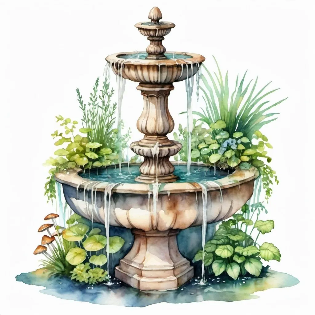 Prompt: ancient fountain flowing with water herbs plants mushrooms watercolor no background