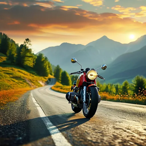 Prompt: (BMW R100s motorcycle), cruising on a scenic winding road, (dramatic mountains in the background), (sunset lighting casting soft golden hues), (vibrant green trees lining the road), (high detail), (adventurous ambiance), ultra-detailed, captivating view, outdoor photography, HD quality