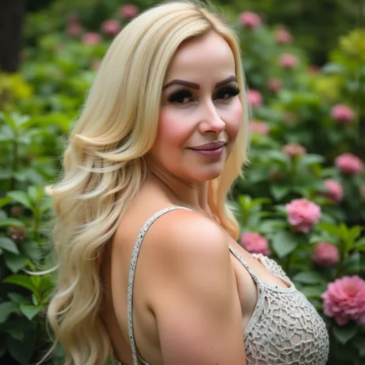 Prompt: a portrait of <my model> with platnum blonde hair, posing in a luxury garden in spirng or summer