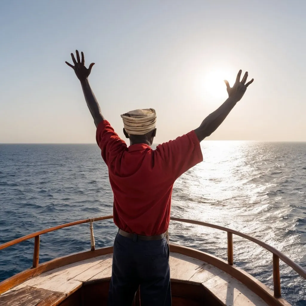 Prompt: sailing boat in the sea. on the boat old sailor man with hands rising sun. in horizont africa. sun red. wind blowing. 