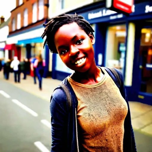 Prompt: Tall young woman walking down the high street, detailed clothing, realistic, natural lighting